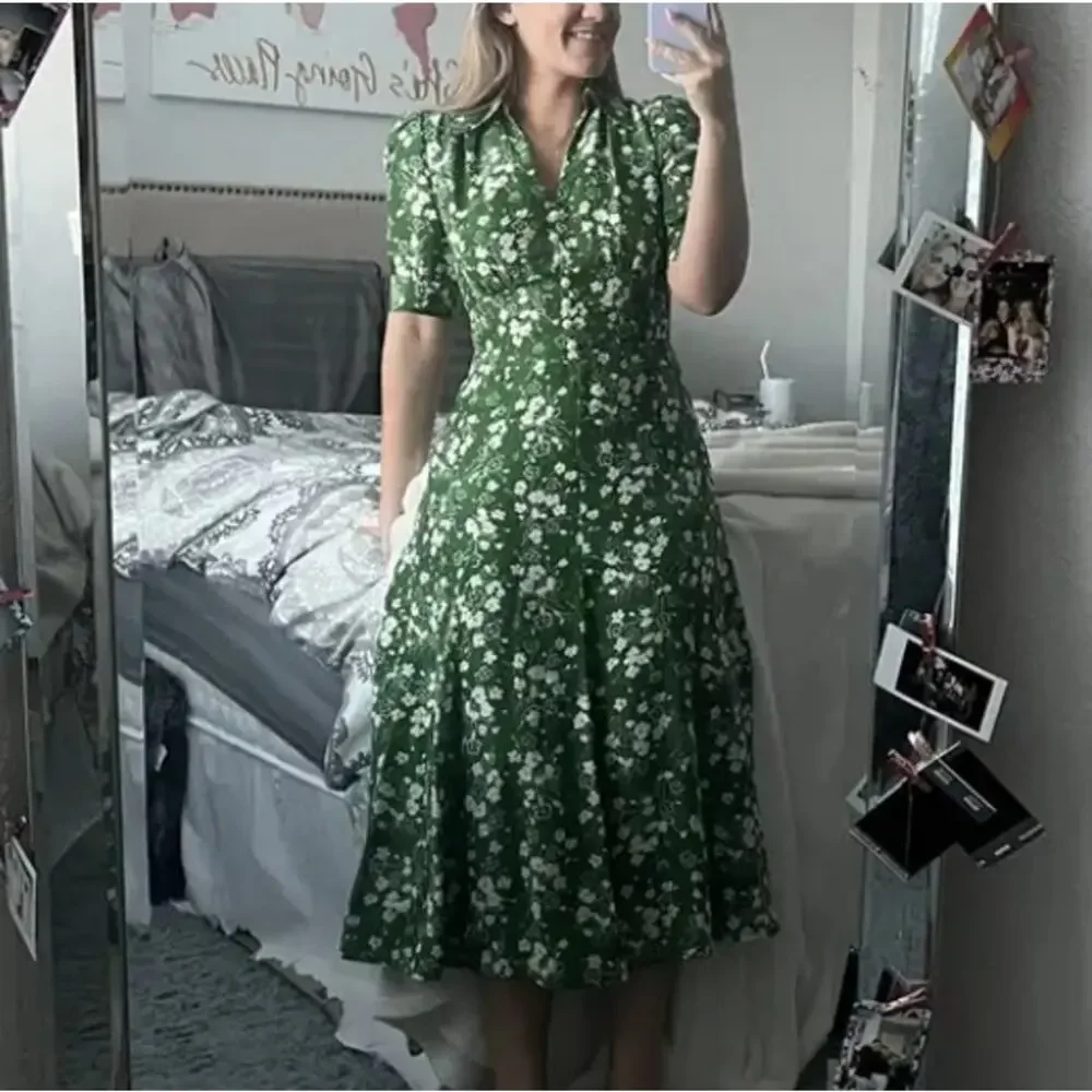 L.K. Bennett Green Floral Midi Shirt Dress SIZE 6 Silk Retro Work Designer $675 - Picture 7 of 13